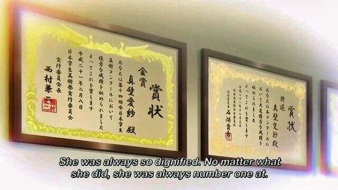 Anime screenshot showing framed Japanese calligraphy art with 'She was always so dignified' subtitle overlay