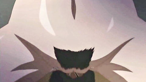 Anime hentai wolf girl rear view with white fur black spiky ears fluffy wings and collar