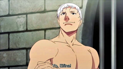 Muscular shirtless white-haired anime elf hunk flexing biceps against brick wall
