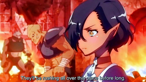 Dark elf girl with elf ears glares at muscular orcs in fiery dungeon hentai scene
