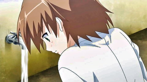Anime busty teen in white shirt, blushing side view near sink