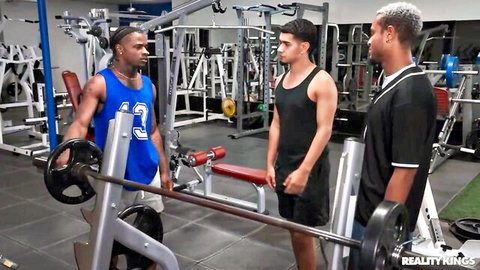 Aubrey Rose and Annabel Redd in interracial gym fuckfest with muscular studs