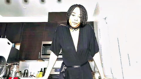 Ebony stepmom in open black dress teases with big ass in solo JOI