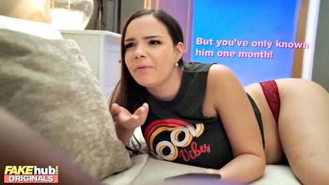Sofia Lee in black tank top and red panties, teasing on bed for step sis threesome