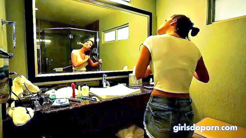 Brunette with natural tits in glasses teases in mirror before anal pounding