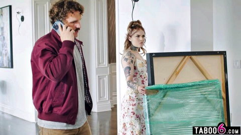 Vanessa Vega in floral dress with tattoos, man on phone in elegant home
