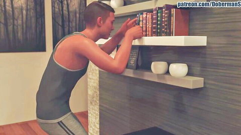 Muscular young guy in tight gray sweatpants bending over bookshelf showing firm ass outline