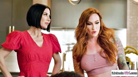 Alexis Tae and redhead stepsister in teasing lesbian kitchen pose
