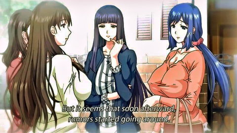 Anime-style Japanese schoolgirls in uniforms gossiping in JAV scene