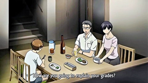 Stepmom and dad confront stepson about poor grades at dinner table in hentai anime
