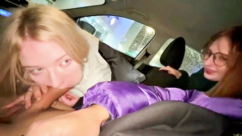 Blonde and brunette in wild car blowjob during kinky threesome