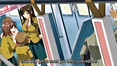 Excited Japanese sisters in yellow uniforms meet brother on subway train
