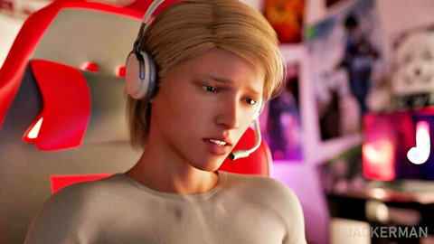 Surprised blonde gamer boy with headset during secret MILF blowjob under table