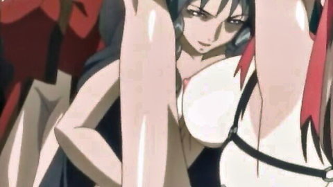 Hentai babe with huge exposed tits in black bondage harness smirking seductively
