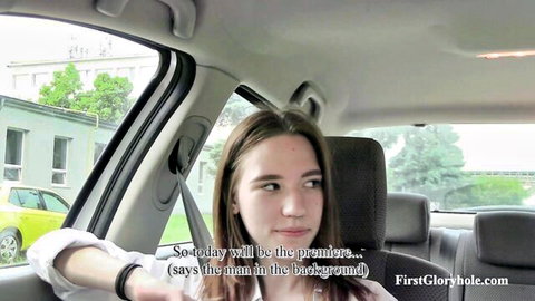 Slim 18yo Maya in car, ready for amateur gloryhole oral adventure