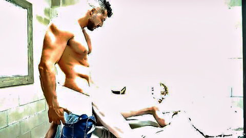 Muscular bearded hunk in low jeans bends over sexy blonde for kinky bath fun