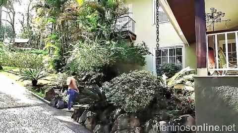 Outdoor babe in blue thong walks to house for anal pounding in lush garden
