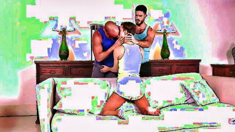 Two muscular black men kissing and groping a diapered white woman in teasing threesome on bed