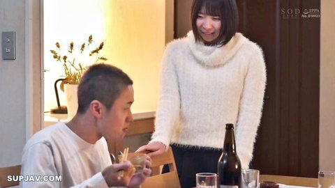 Rei Kamiki in fluffy sweater at intimate dinner with Asian man in JAV
