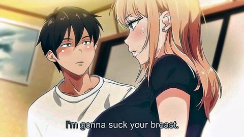 Anime blonde with huge tits in black top as guy says he's gonna suck her breast