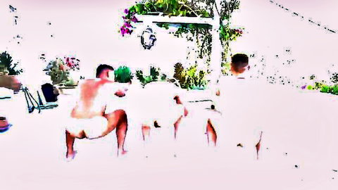 Two hot Asian brothers in white shorts giving sloppy BJ and handjob to uncut dick
