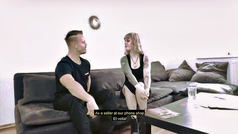 Kylie Kay in sexy phone shop roleplay, standing seductively with muscular customer