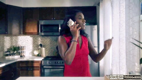 Ana Foxxx in red dress on phone call, dominating threesome tease