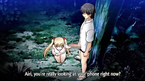 Blonde anime girl kneels gripping guy's hard cock while staring at her phone outdoors