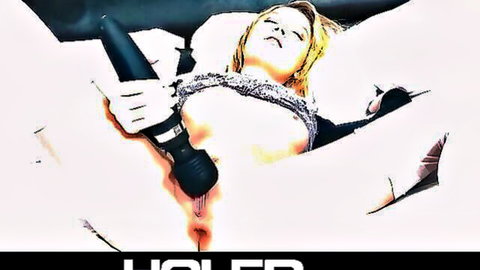 Blonde babe with exposed tits holds black vibrator pressed on her wet pussy in ecstasy