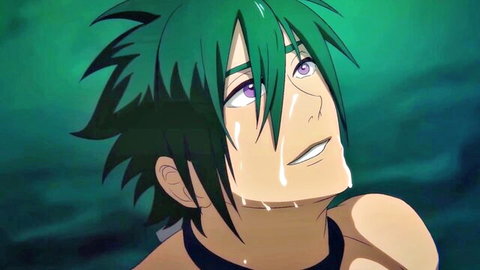 Anime green-haired slave with purple eyes in intense goblin orgy scene