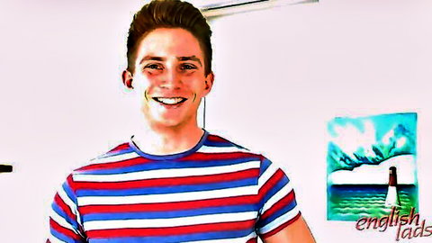 Young smiling guy in striped shirt, solo dancer masturbating big dick