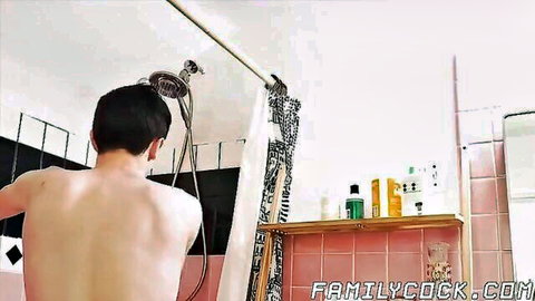 Slim Asian twink showering naked from behind in bathroom
