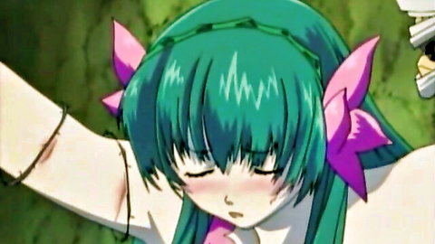Petite anime fantasy girl with green hair tied up, restrained arms, aroused blush in wet 69 scene
