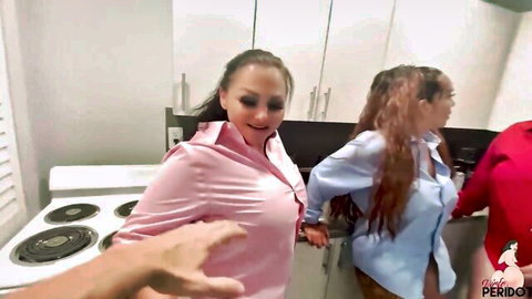Virgo Peridot in pink blouse teasing with hands in POV kitchen scene