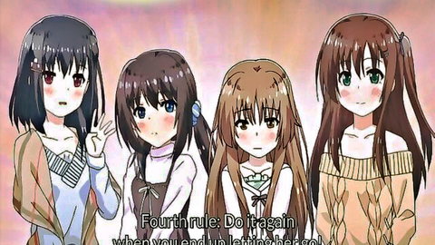 Four petite anime sisters in sweaters and skirts for taboo brother play