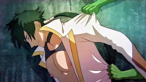 Anime green-haired human slave grabbed by goblin in hentai gangbang scene