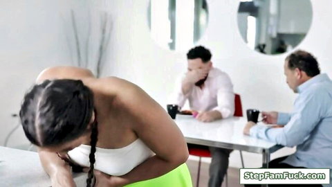 Lilly Hall bent over in tight yellow pants, teasing stepbro in kitchen