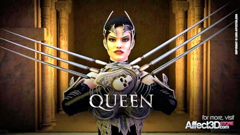 Curvy futa warrior queen in revealing black armor with claws, fierce 3D render