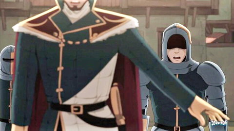 Anime prince in green uniform extends hand to hooded armored knights in Fandel Tales cartoon porn