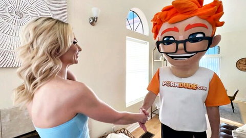 Beverly Hills greets PornDude mascot in sexy blue dress
