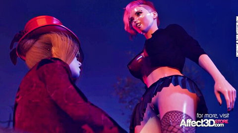 Pink-haired goth babe in cleavage-baring top, micro skirt, fishnets bending over seductively for ringmaster dude