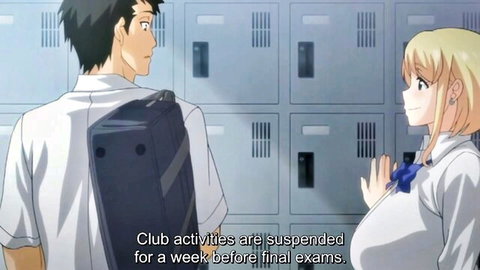 Anime boy and blonde schoolgirl in uniforms talking by lockers about suspended club activities