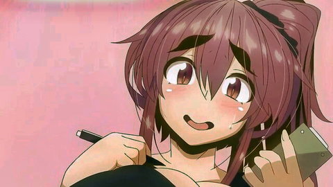 Ahegao-faced anime girl with huge tits and deep cleavage holds phone and pen while blushing ecstatically