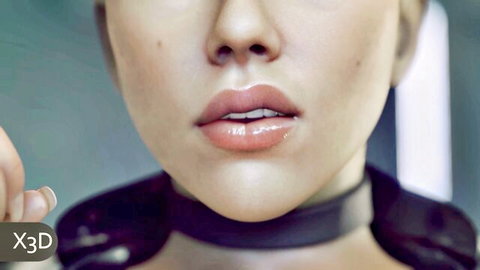 Closeup of sexy woman's glossy plump lips parted teasingly with black choker collar
