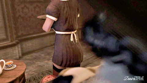 Futanari Lady Dimitrescu dominating curvy maid in short uniform and stockings