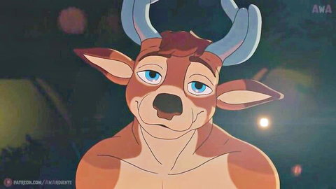 Sexy cartoon anthropomorphic bull furry with blue eyes horns smiling muscular bare chest