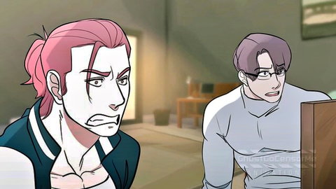 Angry pink-haired anime guy in jacket glares at muscular glasses guy in tense room confrontation