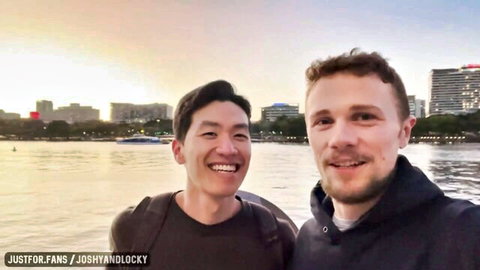 Joshy and Locky, Asian and white bros smiling by the river before wild orgy
