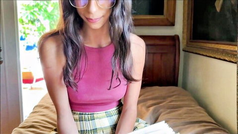 Sona Bella as nerdy best friend in pink tank top and plaid skirt, POV tease