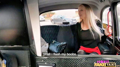 Blonde babe in Fake Taxi teases flashing her big tits while sitting in black cab.